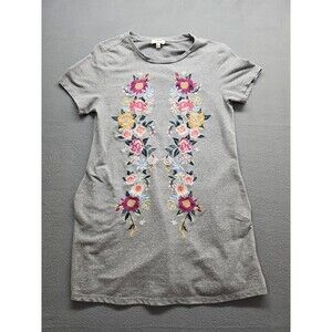Umgee Floral Embroidered Mini Shift T Shirt Dress Womens Sz S Tunic Boho Hippie